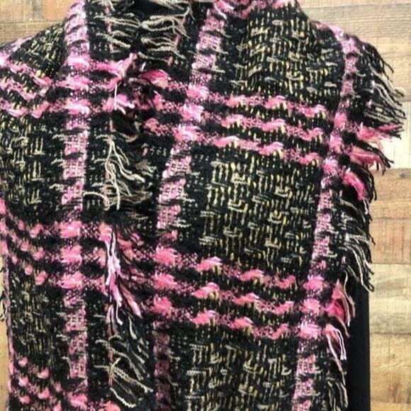 Tanner Wool Blend Fringed Pink Gray and Black Winter Plaid Scarf - Picture 3 of 7